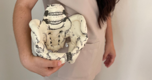 Profissional de fisioterapia pélvica segurando um modelo anatómico da pélvis, simbolizando o cuidado especializado com o pavimento pélvico